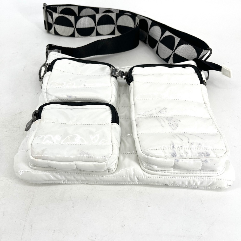 THINK ROLYN White Puffer Crossbody Bag with Graphic Strap - Picture 3 of 7